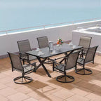 Ensemble de salle à manger d'extérieur ALAULM pour patio, avec table rectangulaire en acier en X, trou pour parasol et chaises fixes à accoudoirs ou chaises pivotantes à bascule pour fêtes de famille, pelouse, balcon, terrasse