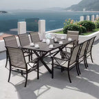 Ensemble de salle à manger d'extérieur ALAULM pour patio, avec table rectangulaire en acier en X, trou pour parasol et chaises fixes à accoudoirs ou chaises pivotantes à bascule pour fêtes de famille, pelouse, balcon, terrasse