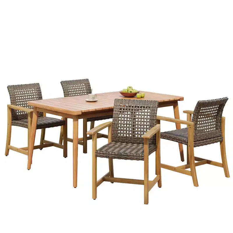 Ensemble de salle à manger d'extérieur en rotin PE et bois d'acacia 5 pièces, ensemble table et chaises de patio robustes 4 places