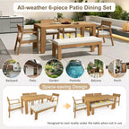 Polibi 6-Seat Acacia Patio Dining Set with Umbrella-Hole Table, Cushioned Bench & 4 Armchairs
