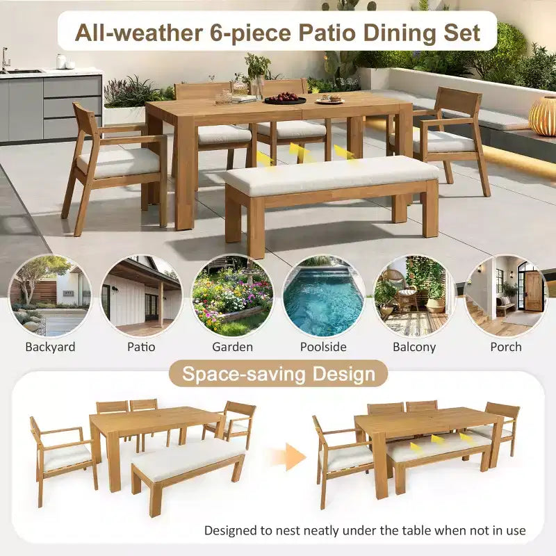 Polibi 6-Seat Acacia Patio Dining Set with Umbrella-Hole Table, Cushioned Bench & 4 Armchairs