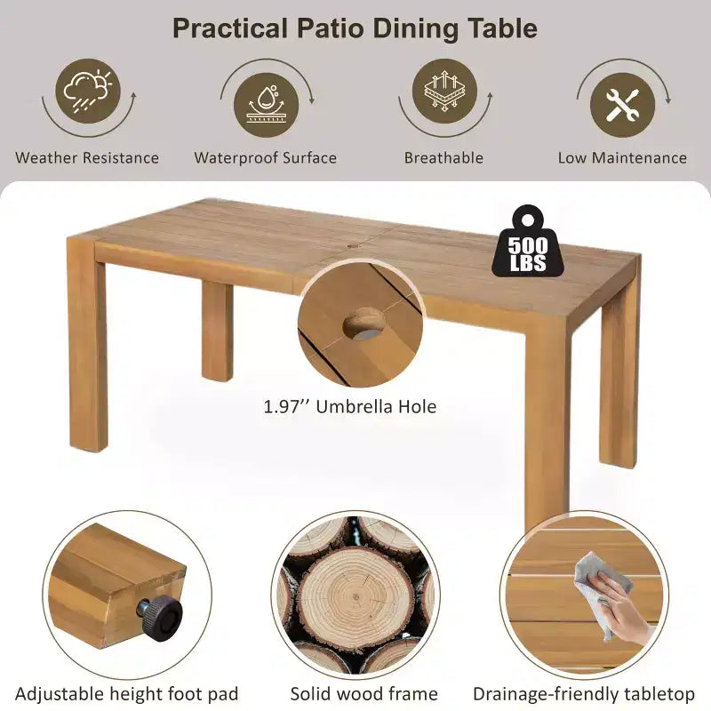 Polibi 6-Seat Acacia Patio Dining Set with Umbrella-Hole Table, Cushioned Bench & 4 Armchairs