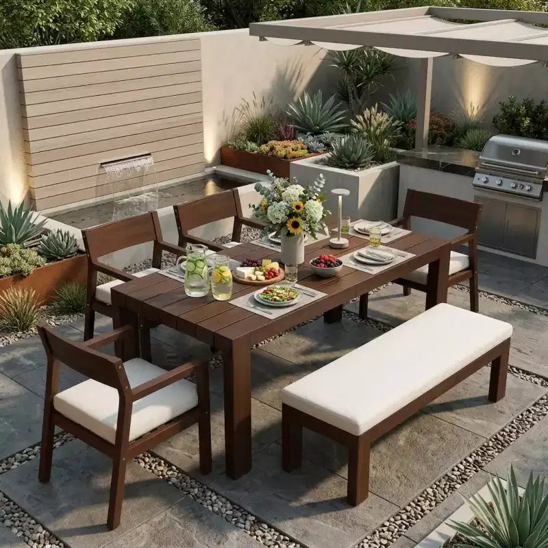 Polibi 6-Seat Acacia Patio Dining Set with Umbrella-Hole Table, Cushioned Bench & 4 Armchairs