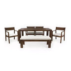 Polibi 6-Seat Acacia Patio Dining Set with Umbrella-Hole Table, Cushioned Bench & 4 Armchairs