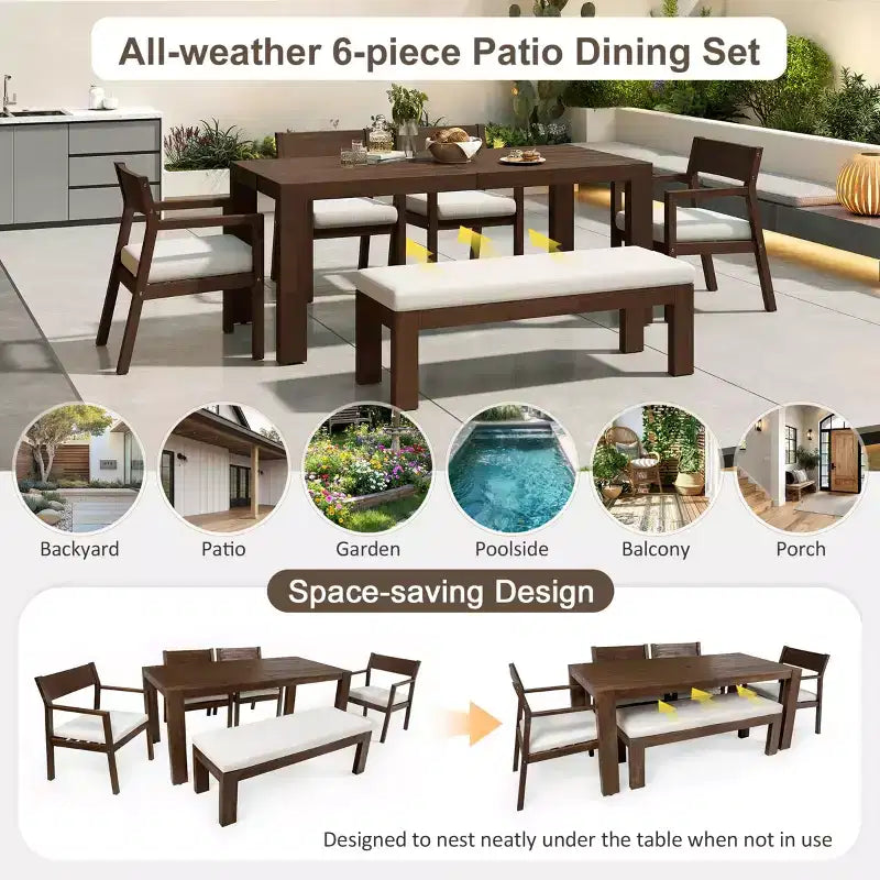 Polibi 6-Seat Acacia Patio Dining Set with Umbrella-Hole Table, Cushioned Bench & 4 Armchairs