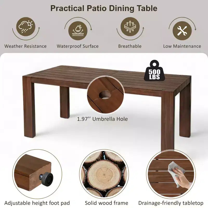 Polibi 6-Seat Acacia Patio Dining Set with Umbrella-Hole Table, Cushioned Bench & 4 Armchairs