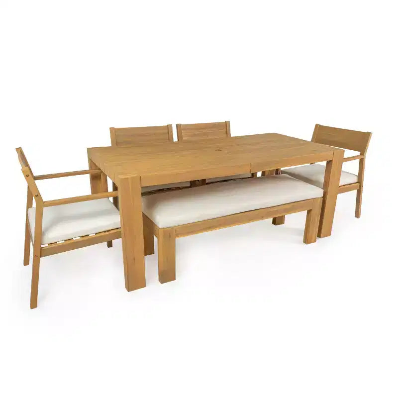 Polibi 6-Seat Acacia Patio Dining Set with Umbrella-Hole Table, Cushioned Bench & 4 Armchairs