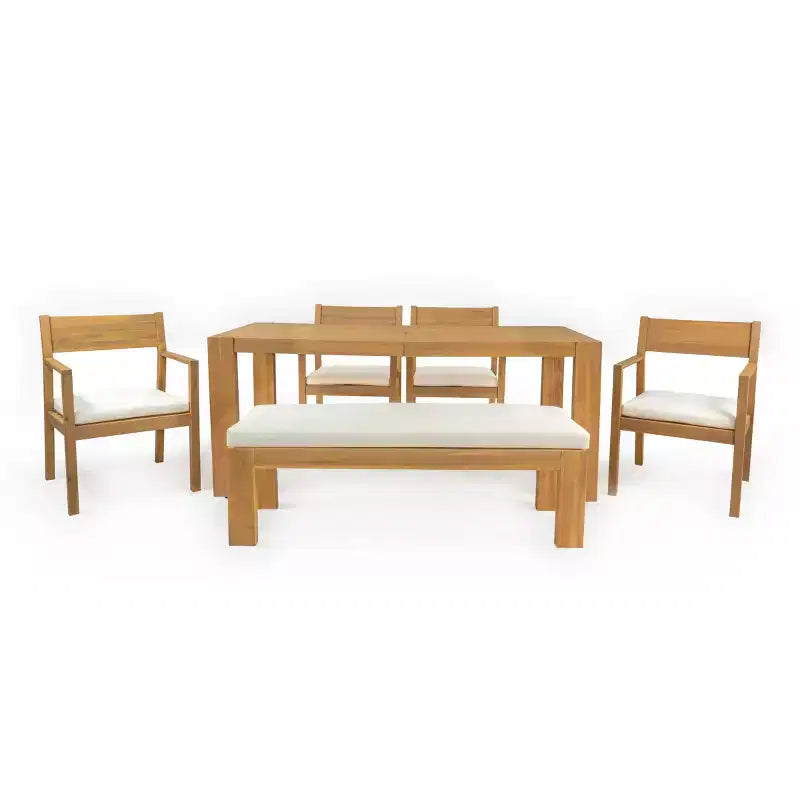 Polibi 6-Seat Acacia Patio Dining Set with Umbrella-Hole Table, Cushioned Bench & 4 Armchairs