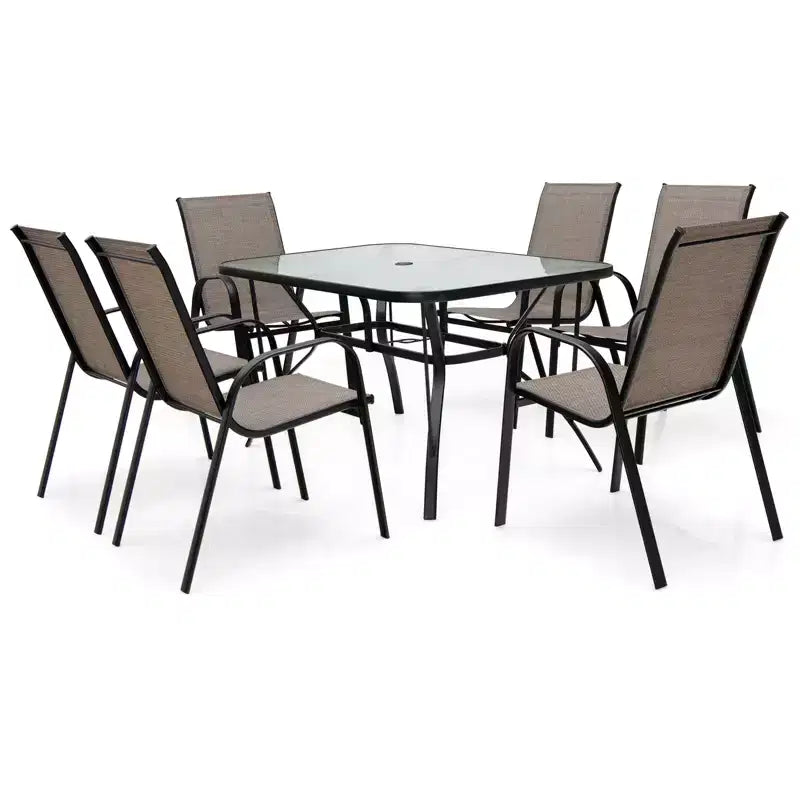 Gymax 7PCS Outdoor Patio Dining Set w/ 6 Stackable Armchairs Tempered Glass Table Umbrella Hole for Yard Garden or Backyard