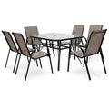 Gymax 7PCS Outdoor Patio Dining Set w/ 6 Stackable Armchairs Tempered Glass Table Umbrella Hole for Yard Garden or Backyard