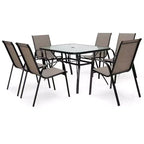 Gymax 7PCS Outdoor Patio Dining Set w/ 6 Stackable Armchairs Tempered Glass Table Umbrella Hole for Yard Garden or Backyard