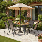 Gymax Ensemble de Salle à Manger d'Extérieur 7 Pièces avec 6 Fauteuils Empilables, Table en Verre Trempé et Trou pour Parasol pour Jardin ou Cour Arrière