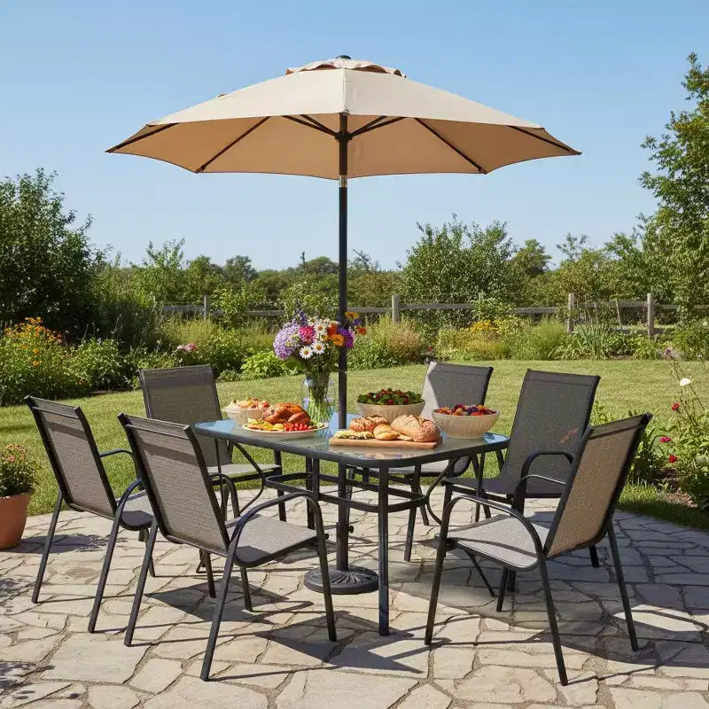 Gymax Ensemble de Salle à Manger d'Extérieur 7 Pièces avec 6 Fauteuils Empilables, Table en Verre Trempé et Trou pour Parasol pour Jardin ou Cour Arrière