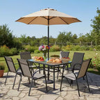 Gymax Ensemble de Salle à Manger d'Extérieur 7 Pièces avec 6 Fauteuils Empilables, Table en Verre Trempé et Trou pour Parasol pour Jardin ou Cour Arrière