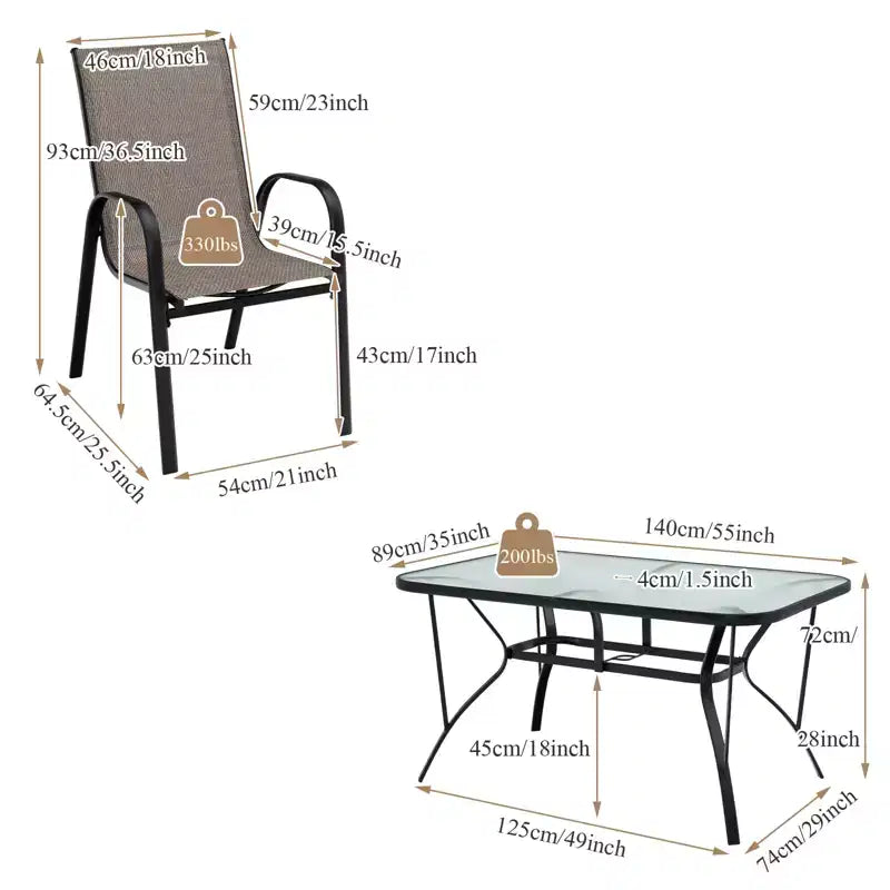 Gymax Ensemble de Salle à Manger d'Extérieur 7 Pièces avec 6 Fauteuils Empilables, Table en Verre Trempé et Trou pour Parasol pour Jardin ou Cour Arrière