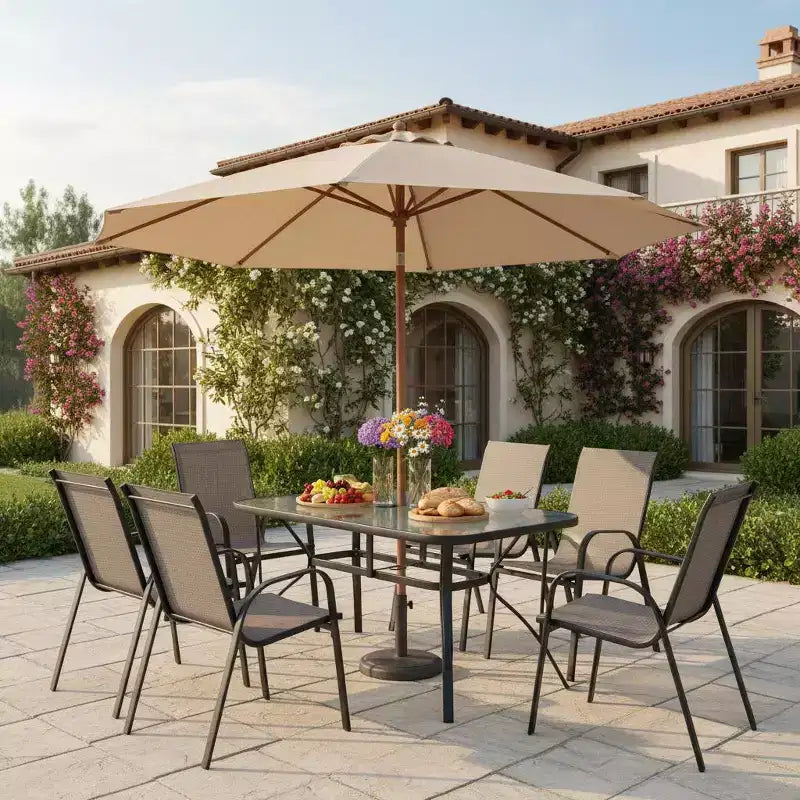 Gymax Ensemble de Salle à Manger d'Extérieur 7 Pièces avec 6 Fauteuils Empilables, Table en Verre Trempé et Trou pour Parasol pour Jardin ou Cour Arrière