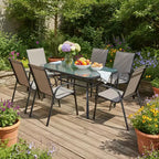 Gymax Ensemble de Salle à Manger d'Extérieur 7 Pièces avec 6 Fauteuils Empilables, Table en Verre Trempé et Trou pour Parasol pour Jardin ou Cour Arrière