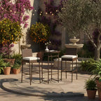 Ensemble de 3 tabourets et de bar Gymax, de jardin, avec 2 sièges coussinés, chaises de terrasse en métal et table de bar avec plateau en verre