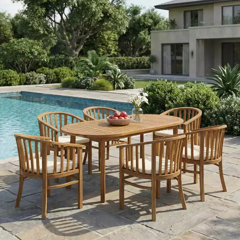 Christopher Knight Home Alain Ensemble de salle à manger d'extérieur moderne 7 pièces en acacia avec table ovale à lattes et coussins