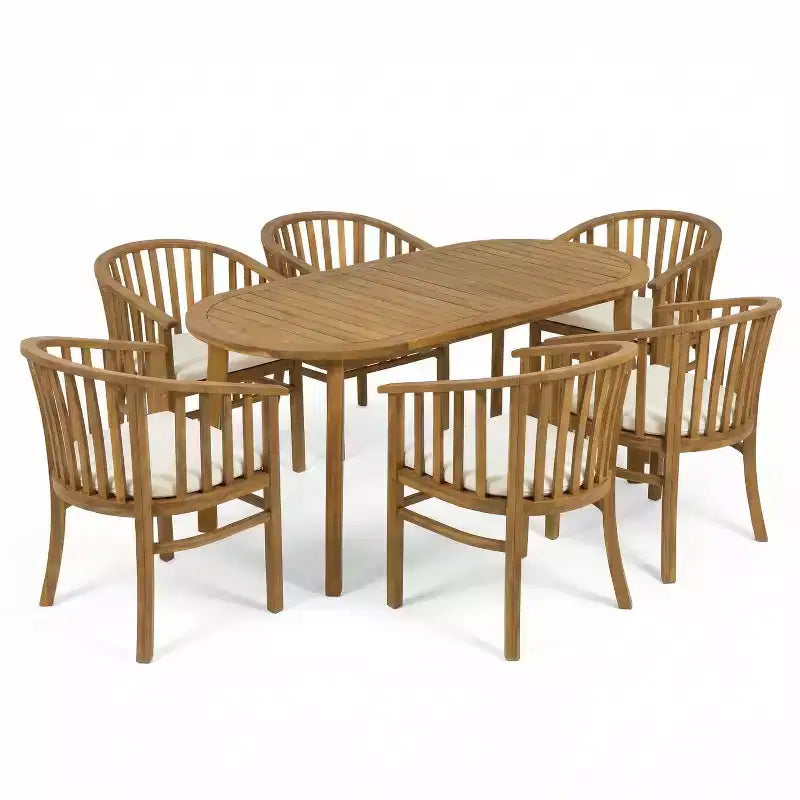 Christopher Knight Home Alain Ensemble de salle à manger d'extérieur moderne 7 pièces en acacia avec table ovale à lattes et coussins