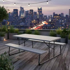 Ensemble table de pique-nique pliable Gymax avec plateau en PEHD aspect bois, trou pour parasol, 2 bancs, cadre métallique robuste pour l'extérieur Noir/Gris/Vert/Blanc