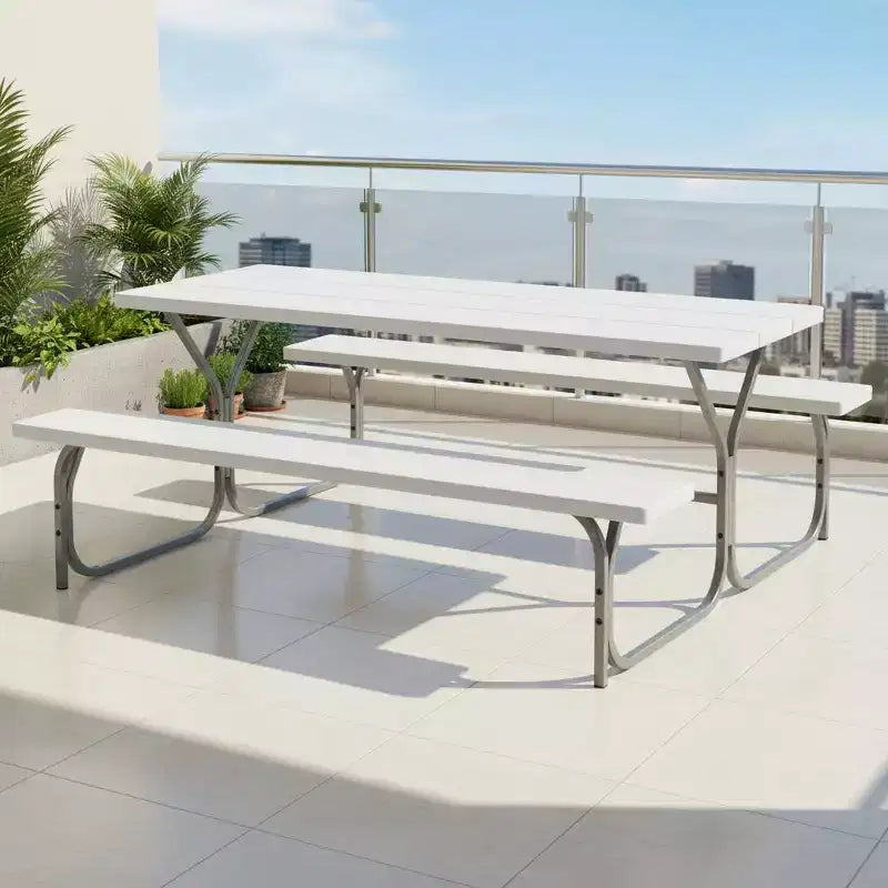 Gymax Table et bancs de pique-nique d'extérieur 1,8 m avec plateau en PEHD aspect bois, trou de parasol intégré et 2 bancs pour dîner et rassemblements Noir/Gris/Blanc