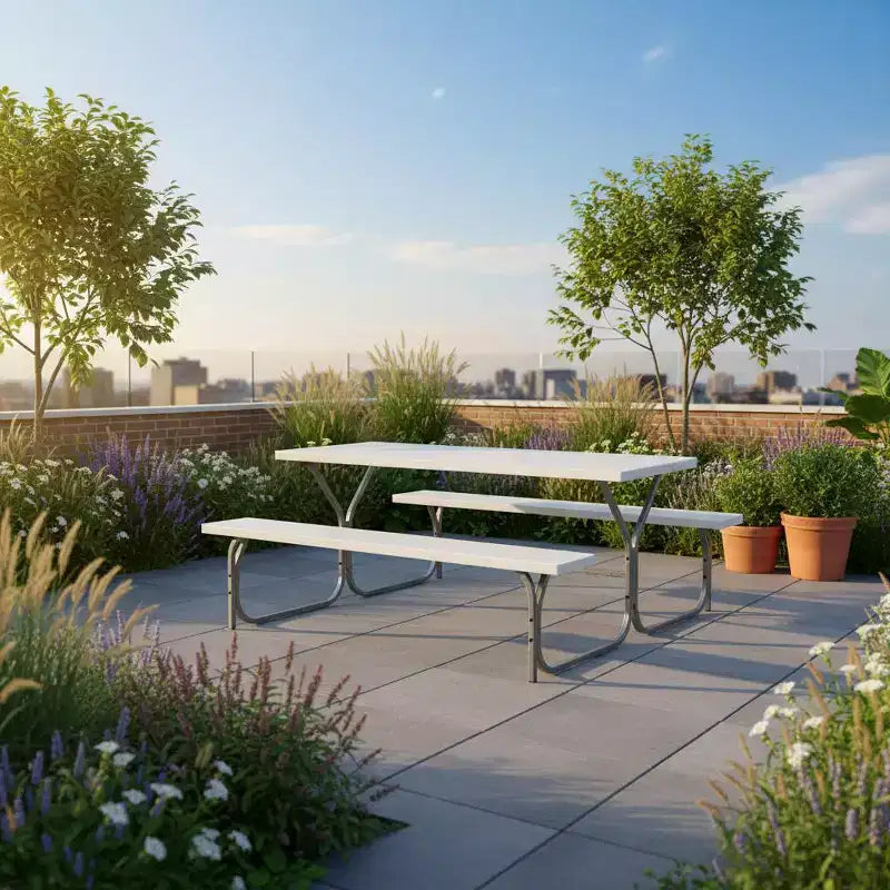 Gymax Table et bancs de pique-nique d'extérieur 1,8 m avec plateau en PEHD aspect bois, trou de parasol intégré et 2 bancs pour dîner et rassemblements Noir/Gris/Blanc