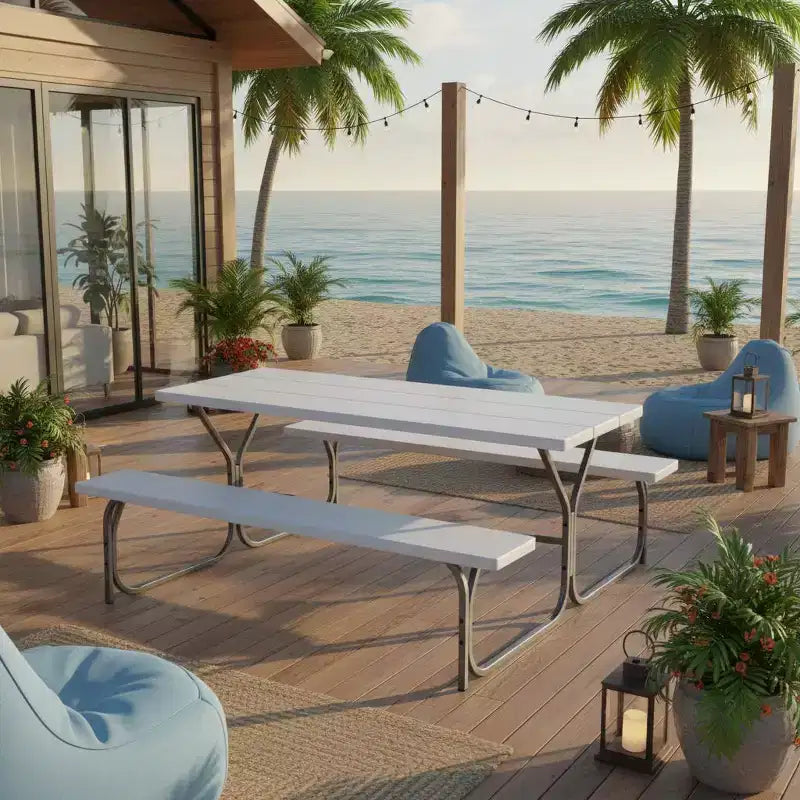 Gymax Table et bancs de pique-nique d'extérieur 1,8 m avec plateau en PEHD aspect bois, trou de parasol intégré et 2 bancs pour dîner et rassemblements Noir/Gris/Blanc