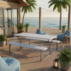 Gymax Table et bancs de pique-nique d'extérieur 1,8 m avec plateau en PEHD aspect bois, trou de parasol intégré et 2 bancs pour dîner et rassemblements Noir/Gris/Blanc