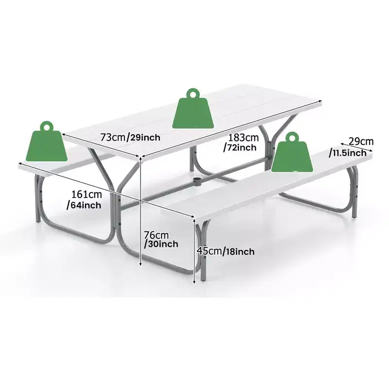 Gymax Table et bancs de pique-nique d'extérieur 1,8 m avec plateau en PEHD aspect bois, trou de parasol intégré et 2 bancs pour dîner et rassemblements Noir/Gris/Blanc