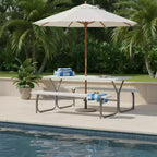 Gymax Table et bancs de pique-nique d'extérieur 1,8 m avec plateau en PEHD aspect bois, trou de parasol intégré et 2 bancs pour dîner et rassemblements Noir/Gris/Blanc