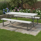 Gymax Table et bancs de pique-nique d'extérieur 1,8 m avec plateau en PEHD aspect bois, trou de parasol intégré et 2 bancs pour dîner et rassemblements Noir/Gris/Blanc