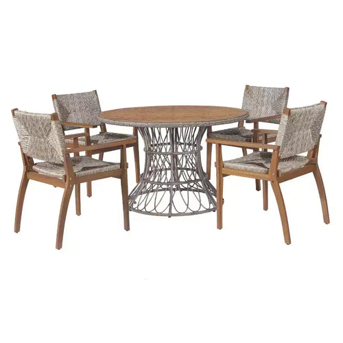 Ensemble de salle à manger d'extérieur 5 pièces avec table ronde en bois d'acacia et 4 fauteuils tressés, mobilier de jardin moderne pour terrasse, patio - Panipeachy