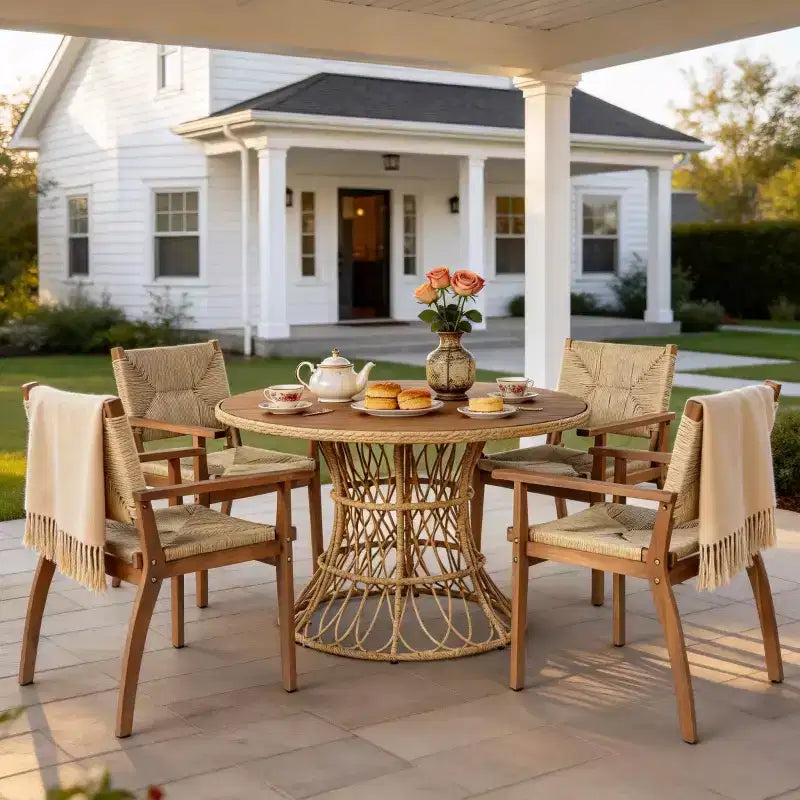 Ensemble de salle à manger d'extérieur 5 pièces avec table ronde en bois d'acacia et 4 fauteuils tressés, mobilier de jardin moderne pour terrasse, patio - Panipeachy