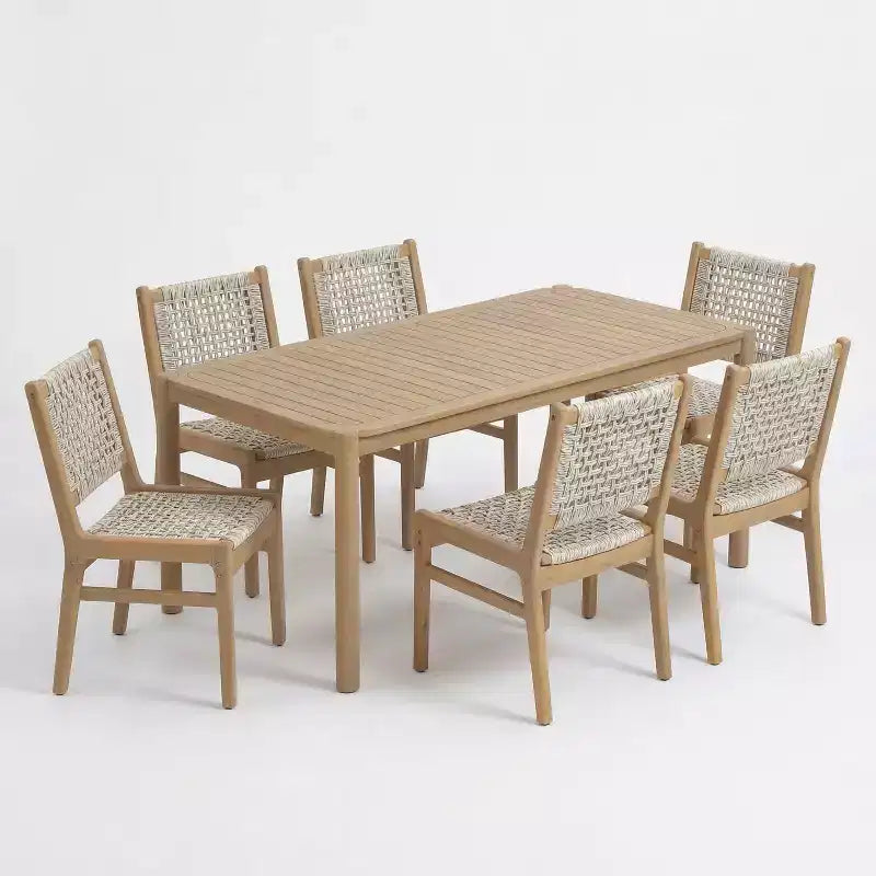 Christopher Knight Home Oksana - Ensemble de salle à manger d'extérieur 7 pièces de style rustique en acacia avec table rectangulaire à lattes et motif en osier