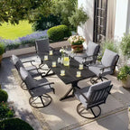 ALAULM Ensemble de Salle à Manger de Jardin 7 Pièces, Mobilier de Jardin en Métal d'Extérieur avec 6 Chaises Pivotantes à Bascule et Grande Table en Métal avec Trou pour Parasol pour Jardin, Cour Arrière