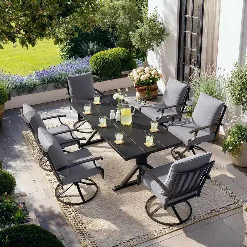 ALAULM Ensemble de Salle à Manger de Jardin 7 Pièces, Mobilier de Jardin en Métal d'Extérieur avec 6 Chaises Pivotantes à Bascule et Grande Table en Métal avec Trou pour Parasol pour Jardin, Cour Arrière
