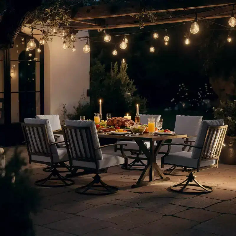 ALAULM Ensemble de Salle à Manger de Jardin 7 Pièces, Mobilier de Jardin en Métal d'Extérieur avec 6 Chaises Pivotantes à Bascule et Grande Table en Métal avec Trou pour Parasol pour Jardin, Cour Arrière