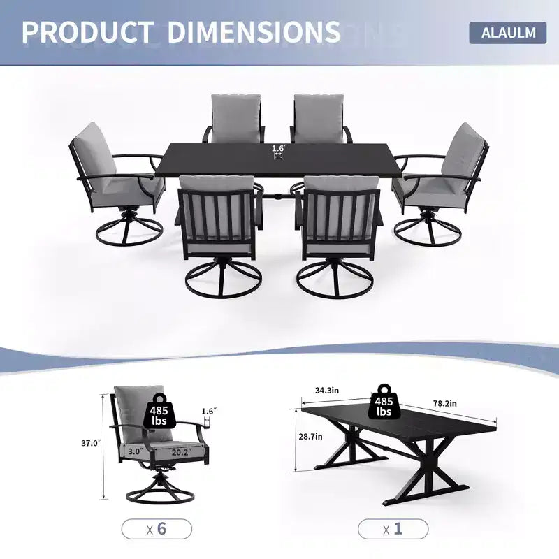 ALAULM Ensemble de Salle à Manger de Jardin 7 Pièces, Mobilier de Jardin en Métal d'Extérieur avec 6 Chaises Pivotantes à Bascule et Grande Table en Métal avec Trou pour Parasol pour Jardin, Cour Arrière