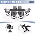 ALAULM Ensemble de Salle à Manger de Jardin 7 Pièces, Mobilier de Jardin en Métal d'Extérieur avec 6 Chaises Pivotantes à Bascule et Grande Table en Métal avec Trou pour Parasol pour Jardin, Cour Arrière