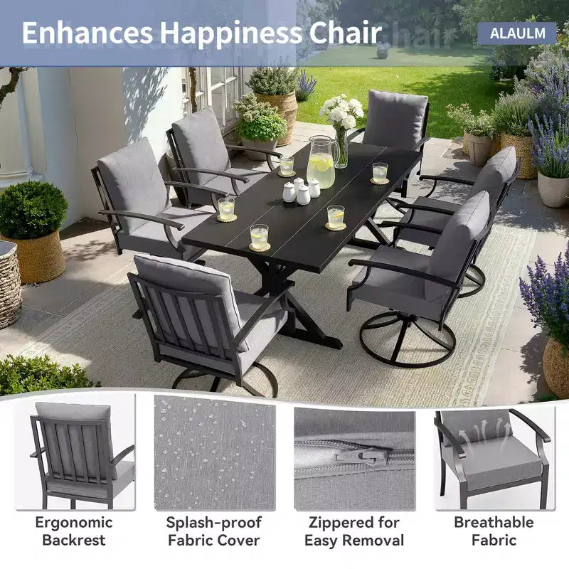 ALAULM Ensemble de Salle à Manger de Jardin 7 Pièces, Mobilier de Jardin en Métal d'Extérieur avec 6 Chaises Pivotantes à Bascule et Grande Table en Métal avec Trou pour Parasol pour Jardin, Cour Arrière