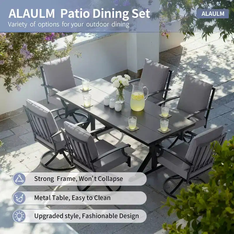 ALAULM Ensemble de Salle à Manger de Jardin 7 Pièces, Mobilier de Jardin en Métal d'Extérieur avec 6 Chaises Pivotantes à Bascule et Grande Table en Métal avec Trou pour Parasol pour Jardin, Cour Arrière