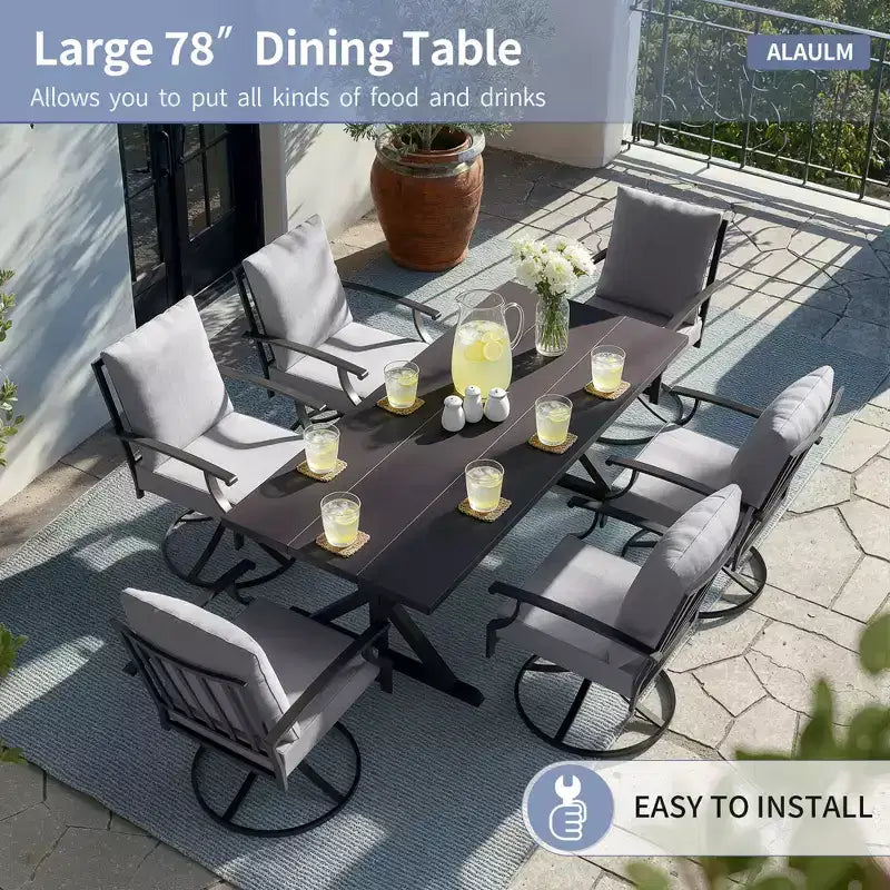 ALAULM Ensemble de Salle à Manger de Jardin 7 Pièces, Mobilier de Jardin en Métal d'Extérieur avec 6 Chaises Pivotantes à Bascule et Grande Table en Métal avec Trou pour Parasol pour Jardin, Cour Arrière