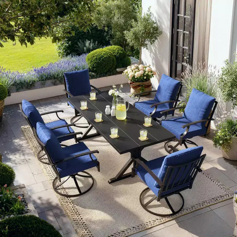 ALAULM Ensemble de Salle à Manger de Jardin 7 Pièces, Mobilier de Jardin en Métal d'Extérieur avec 6 Chaises Pivotantes à Bascule et Grande Table en Métal avec Trou pour Parasol pour Jardin, Cour Arrière