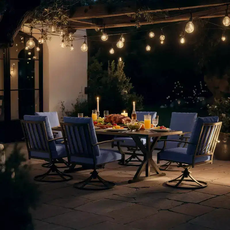 ALAULM Ensemble de Salle à Manger de Jardin 7 Pièces, Mobilier de Jardin en Métal d'Extérieur avec 6 Chaises Pivotantes à Bascule et Grande Table en Métal avec Trou pour Parasol pour Jardin, Cour Arrière