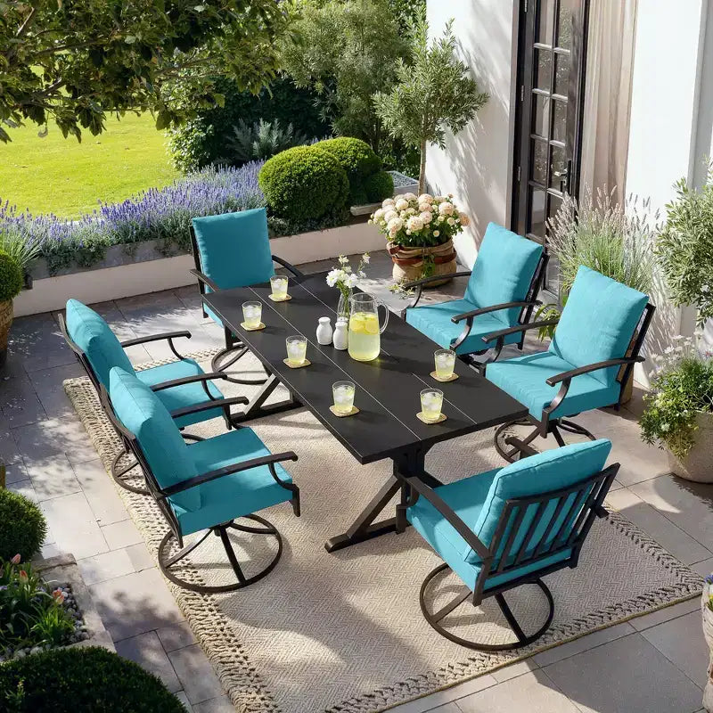 ALAULM Ensemble de Salle à Manger de Jardin 7 Pièces, Mobilier de Jardin en Métal d'Extérieur avec 6 Chaises Pivotantes à Bascule et Grande Table en Métal avec Trou pour Parasol pour Jardin, Cour Arrière