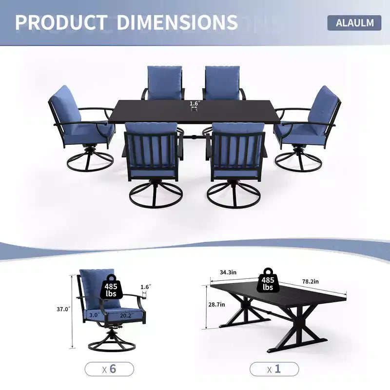 ALAULM Ensemble de Salle à Manger de Jardin 7 Pièces, Mobilier de Jardin en Métal d'Extérieur avec 6 Chaises Pivotantes à Bascule et Grande Table en Métal avec Trou pour Parasol pour Jardin, Cour Arrière