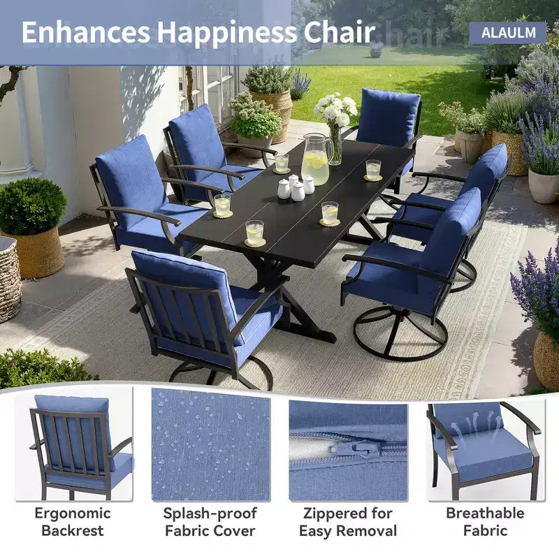 ALAULM Ensemble de Salle à Manger de Jardin 7 Pièces, Mobilier de Jardin en Métal d'Extérieur avec 6 Chaises Pivotantes à Bascule et Grande Table en Métal avec Trou pour Parasol pour Jardin, Cour Arrière
