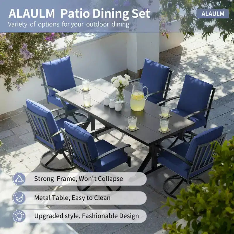 ALAULM Ensemble de Salle à Manger de Jardin 7 Pièces, Mobilier de Jardin en Métal d'Extérieur avec 6 Chaises Pivotantes à Bascule et Grande Table en Métal avec Trou pour Parasol pour Jardin, Cour Arrière