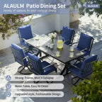 ALAULM Ensemble de Salle à Manger de Jardin 7 Pièces, Mobilier de Jardin en Métal d'Extérieur avec 6 Chaises Pivotantes à Bascule et Grande Table en Métal avec Trou pour Parasol pour Jardin, Cour Arrière